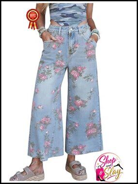 Women's Floral Denim Barrel Jeans Wide Leg Mid Rise Cropped Boyfriend